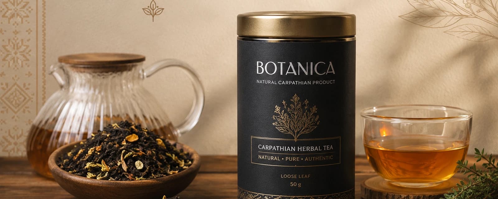 Карпатський трав’яний чай Botanica — розсипний лист, збан і чашка