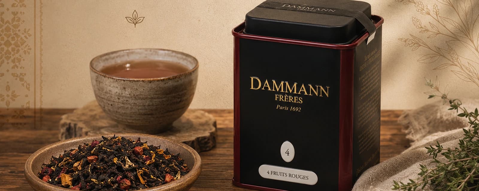 Преміальний чай Dammann Frères — банка, чашка та розсипний лист