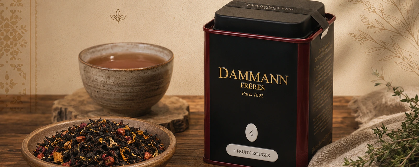 Преміальний чай Dammann Frères — банка, чашка та розсипний лист